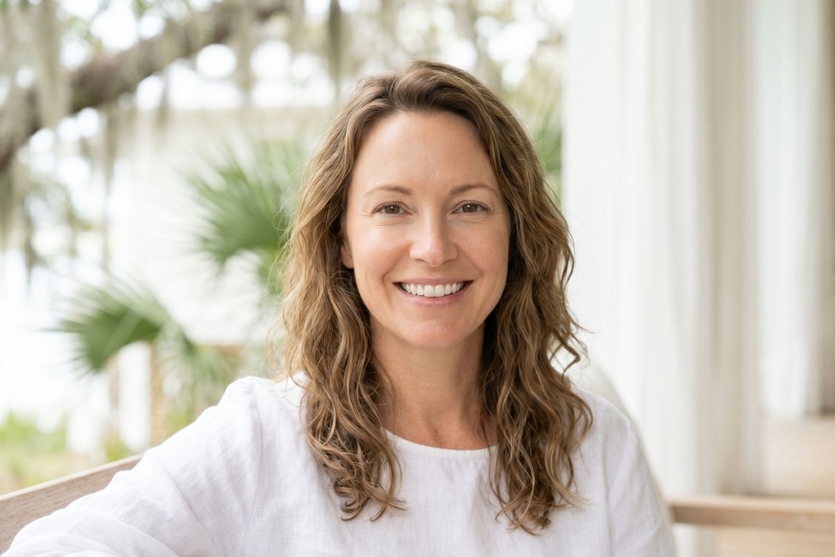 Totality Medispa Hilton Head Transformation Woman smiling on porch in Hilton Head
