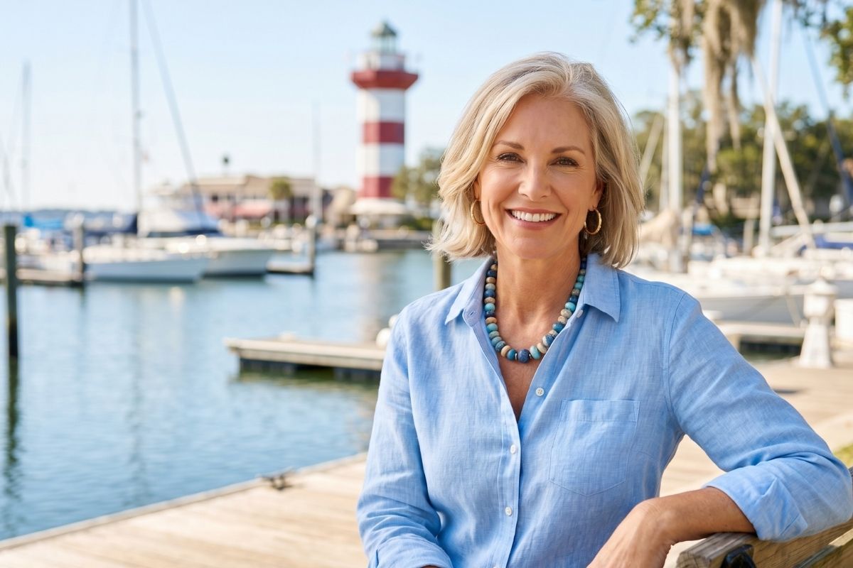Totality MediSpa Transormation Woman sitting on a dock in Hilton Head
