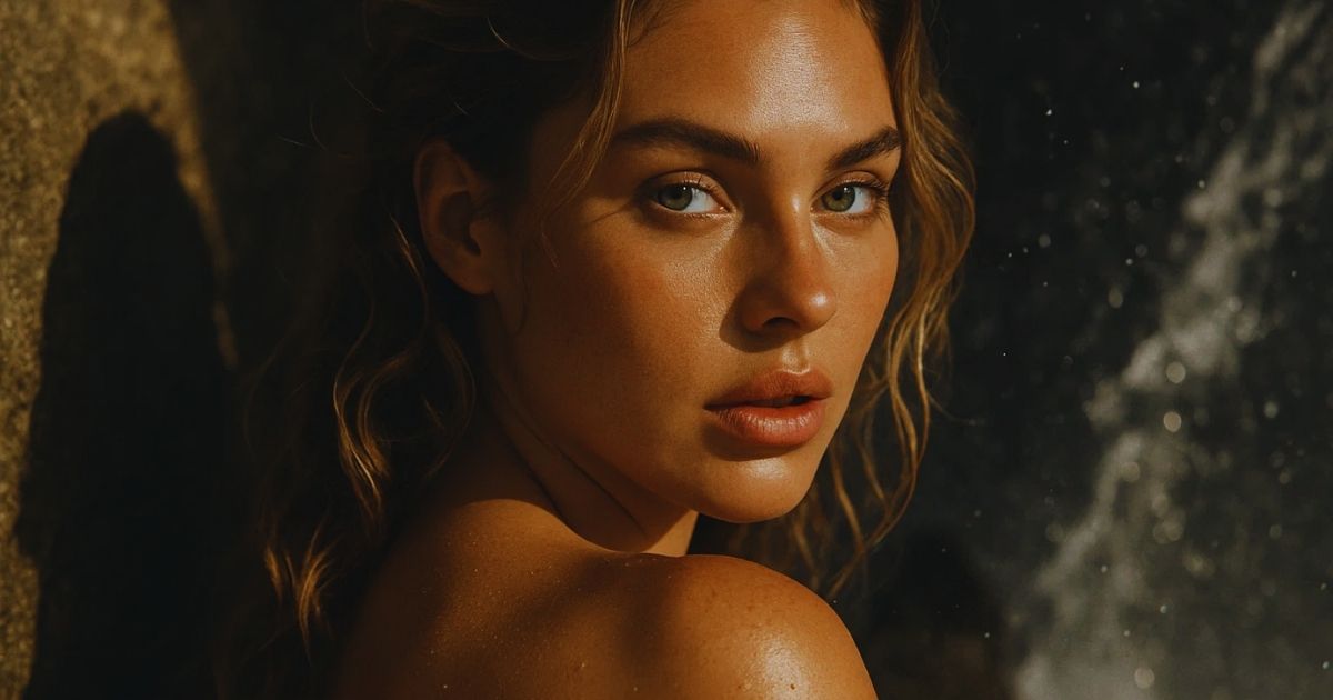 Woman with natural makeup and soft lighting, looking over her shoulder.