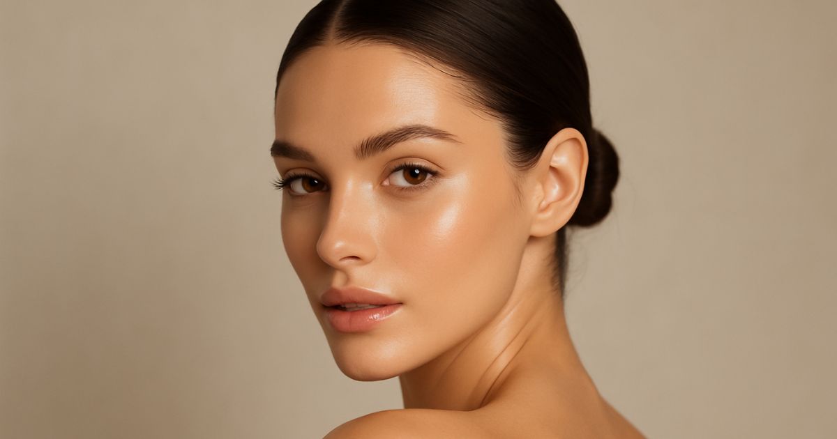Close-up portrait of a woman with a sleek bun and natural makeup