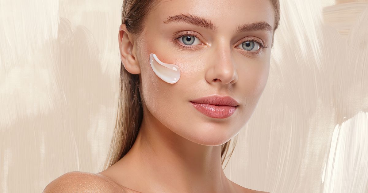 Close-up of a woman with skincare cream applied to her cheek.